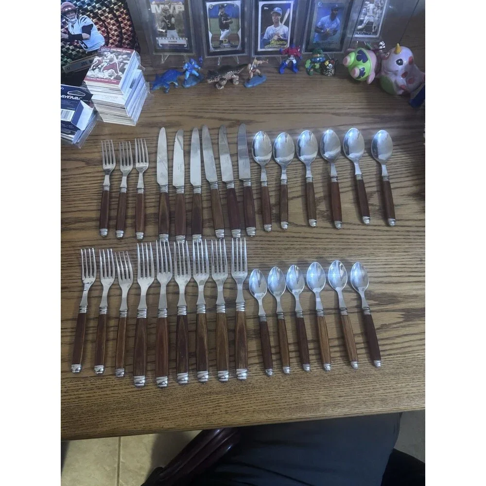SCOF Mariposa France Recamier Teak Flatware Silverware Set 30 Pc Service For 6